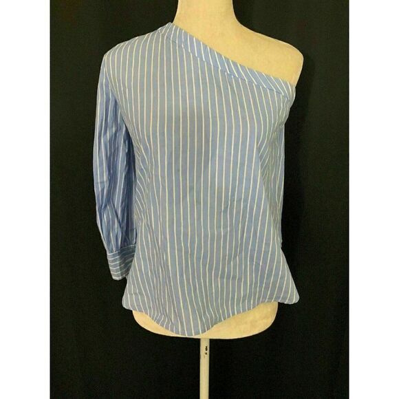 Renamed Tops - Renamed Blue White Striped Long Sleeve Cold Shoulder Top Cotton Small